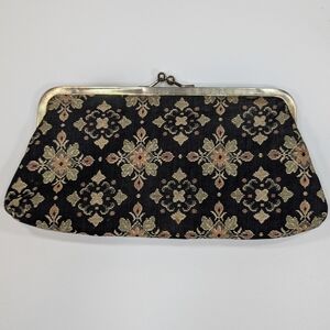 Vintage (50s?) Black Tapestry Clutch W Kiss Lock & Vinyl Interior. 11"X5.5"